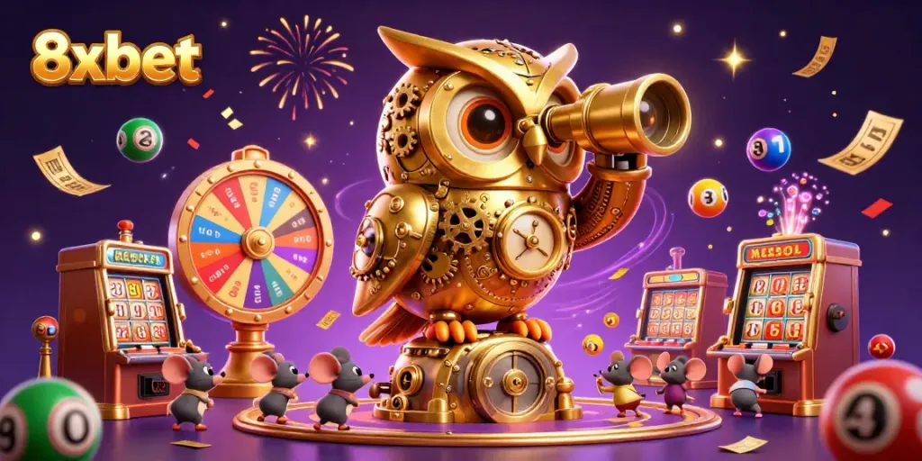 Engage with the thrilling atmosphere of 8xbet's casino, featuring interactive slot machines and prize elements.