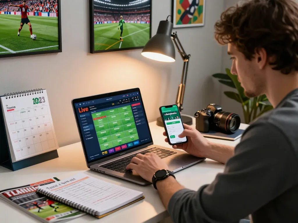 Bongdallu user engaging with live betting interface on laptop and smartphone for optimal sports wagering.