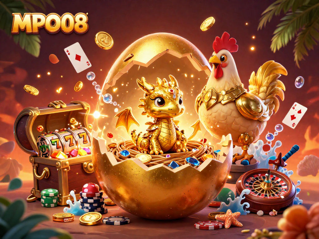 MPO08 engages players with a vibrant golden dragon, spilling treasures and casino games in a lively scene