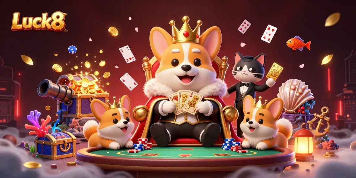 Experience Luck8 with a royal corgi on a poker chip throne in a dazzling casino illustration.
