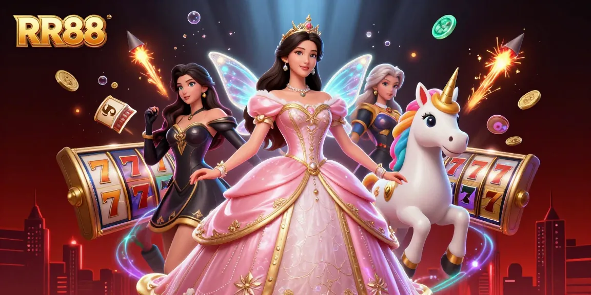 Spin the reels at RR88's vibrant casino scene, featuring slots, lucky symbols, and enchanting characters.