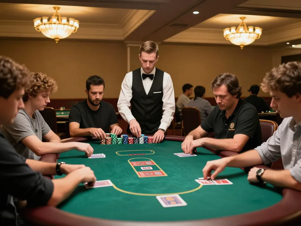 Engaged players at a poker table strategizing with pmtsoap, showcasing an exciting casino tournament atmosphere