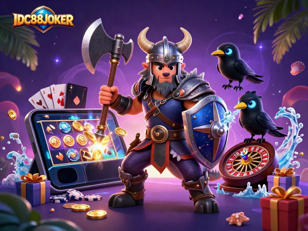 Experience excitement and rewards at IDC88JOKER with a vibrant 3D casino scene featuring iconic characters and gaming elements.