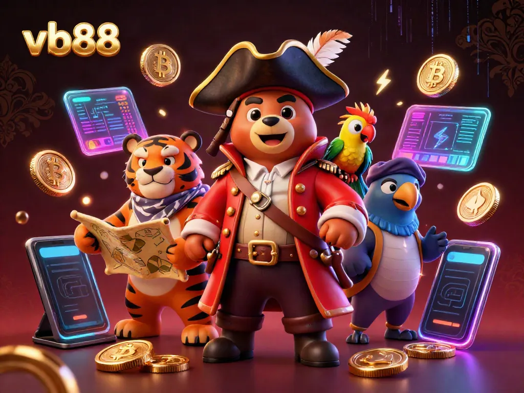 Experience thrilling gameplay with vb88, featuring a pirate bear, tiger, and treasure map amidst crypto elements.