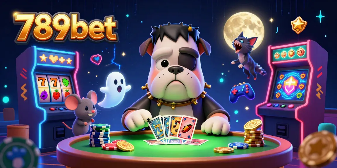 Play at 789bet with a lively illustration of a Frankenstein bulldog and friends amidst casino excitement.