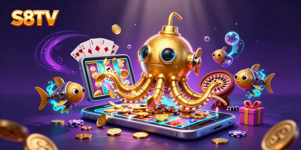 S8TV showcases an engaging 3D scene with a golden kraken amidst vibrant casino elements, reflecting excitement and strategy.