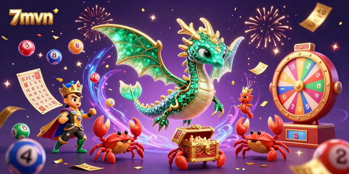 7mvn spins colorful lottery balls with a vibrant sea dragon and treasure theme in a dynamic casino scene