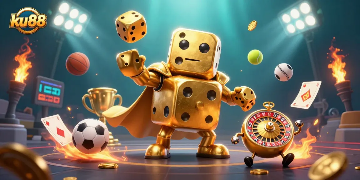 ku88 immersive sports betting scene with golden dice golem juggling and dynamic game elements