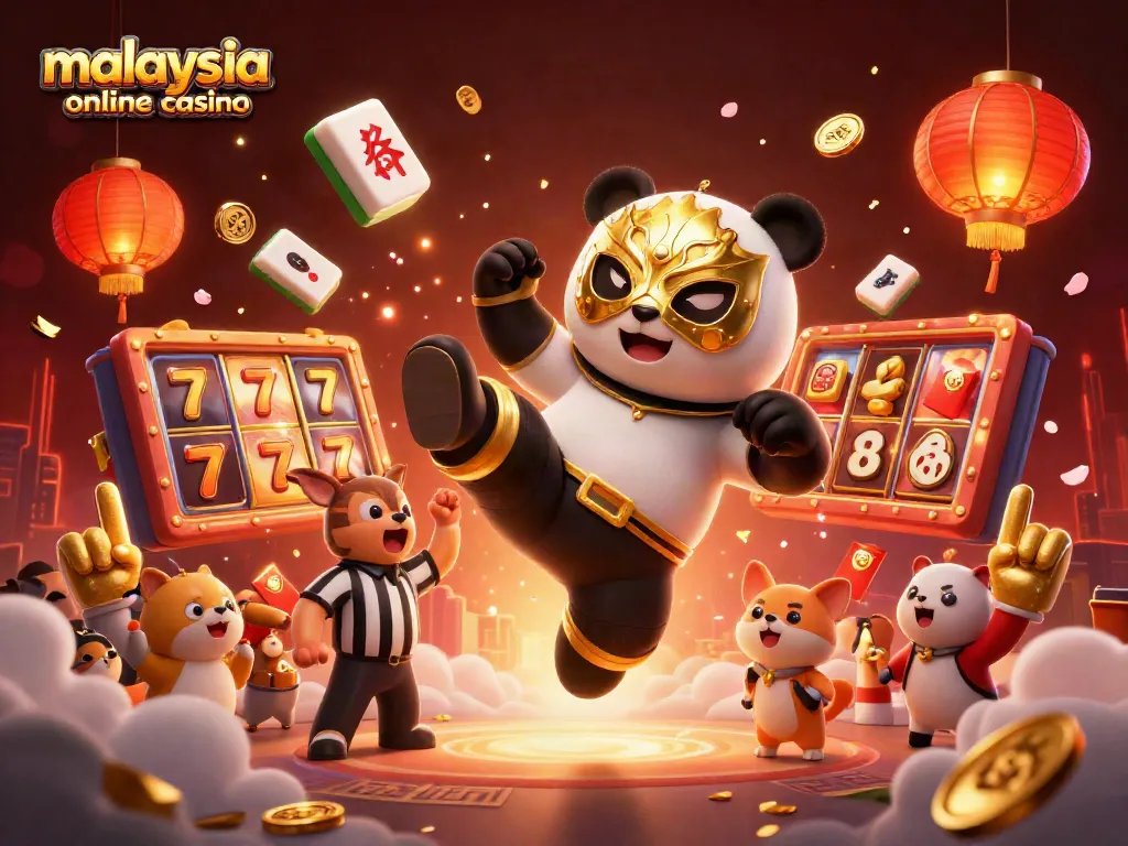Experience vibrant gaming at malaysia online casino with a lively wrestler panda kicking and golden winnings