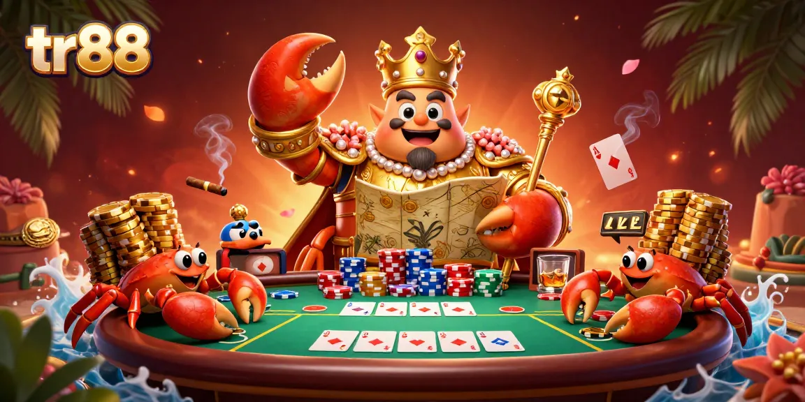 Experience tr88’s exciting online casino with a golden crab emperor and poker action in a vibrant scene.