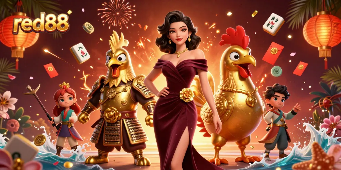 Join the excitement at red88 with vibrant gaming elements surrounding glamorous characters.