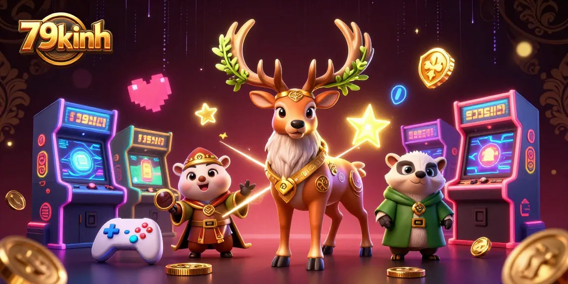 Engage with luck at 79kinh casino, featuring vibrant gaming machine action and mystical characters.