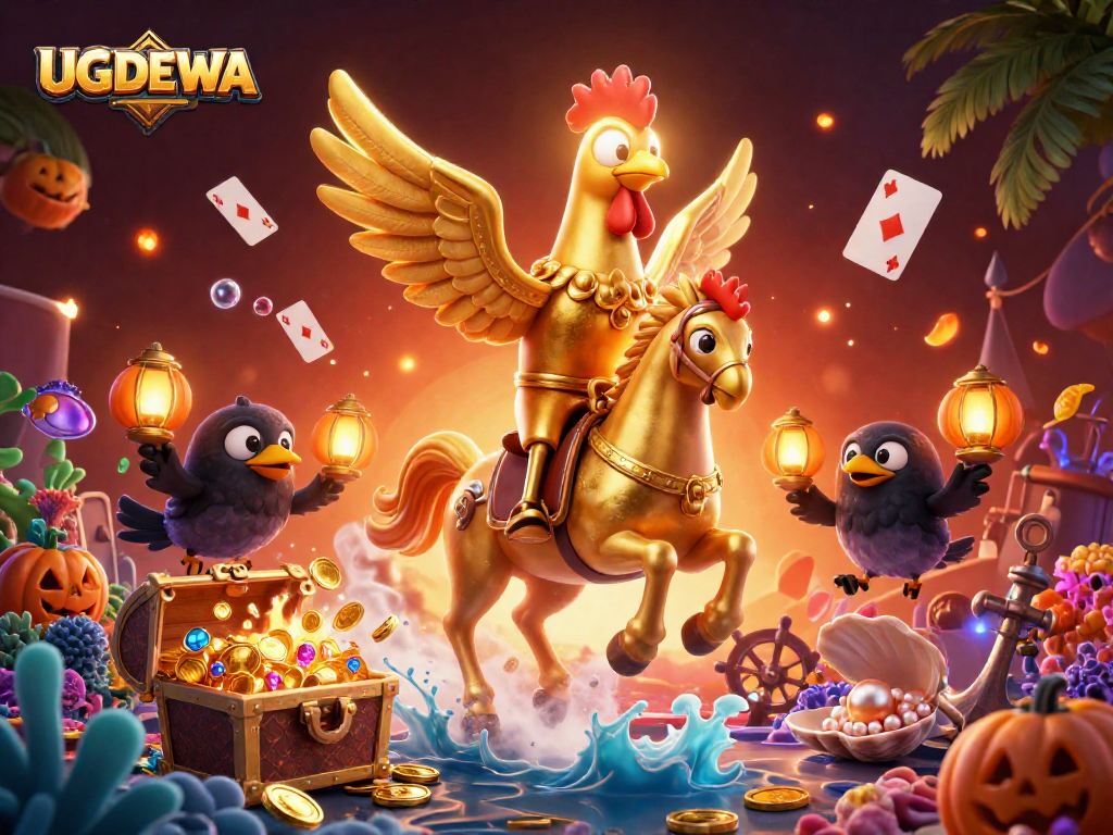 Engage in the exciting world of UGDEWA with a vibrant casino scene featuring unique characters and rich gaming elements.
