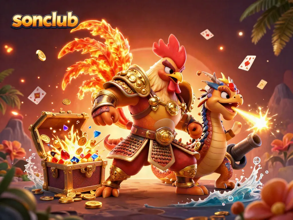 Experience thrilling action at sonclub with a samurai rooster and dragon amidst vibrant casino elements.