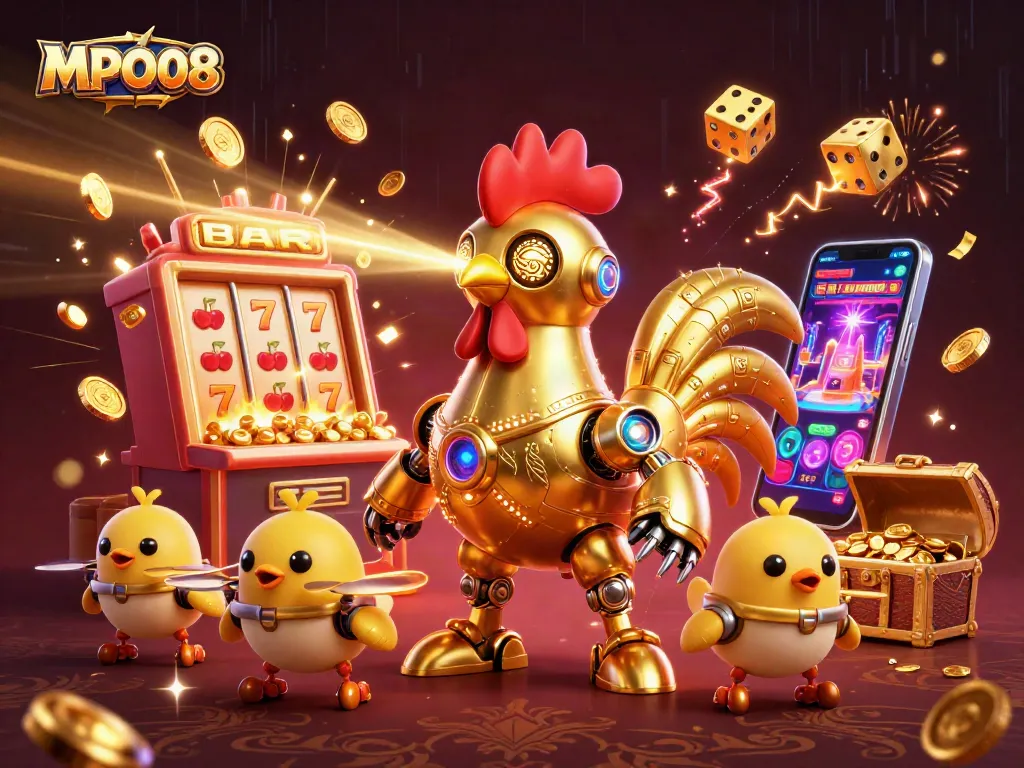Engage with MPO08's thrilling golden rooster robot and baby chick drones amid jackpot chaos in a vibrant casino scene.