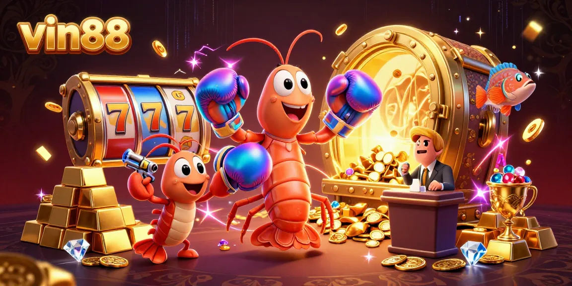 Experience thrilling gameplay with vin88 through an exciting 3D casino scene filled with treasures.