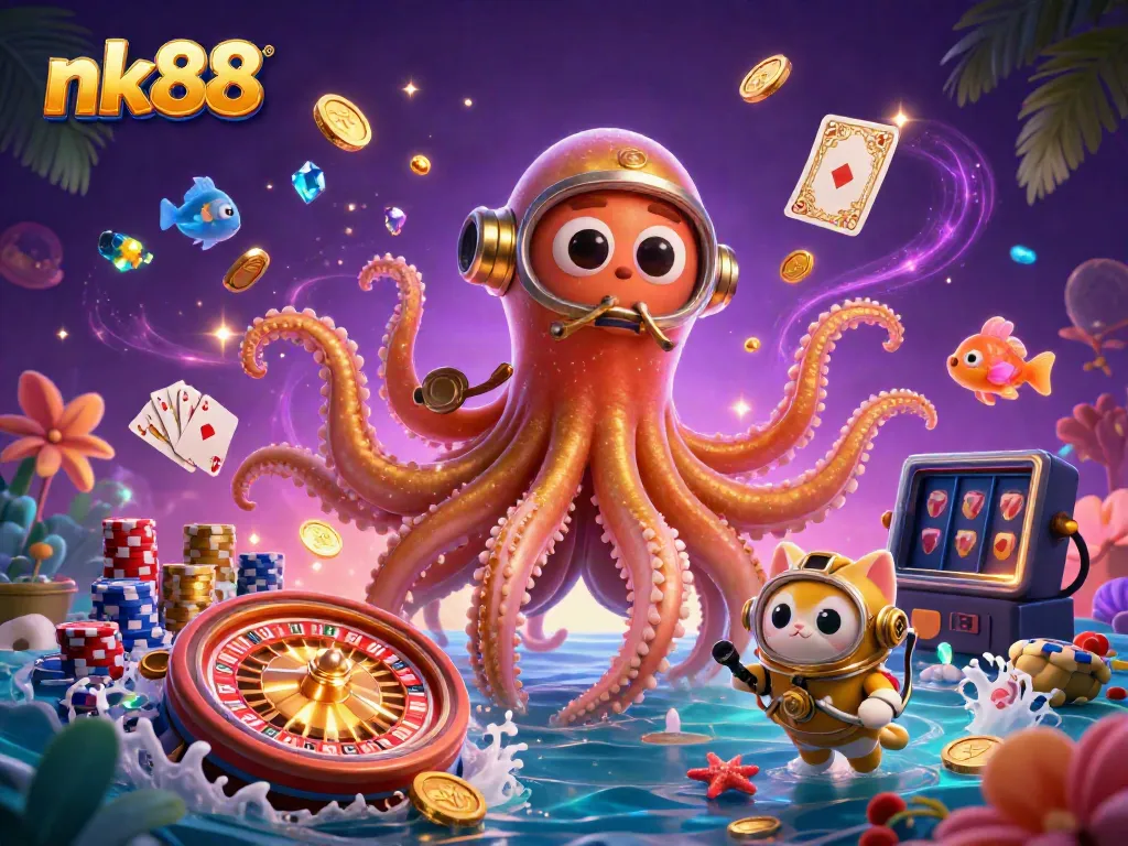 Engage with nk88's underwater casino adventure featuring a cartoon kraken, diving cat, and treasure.
