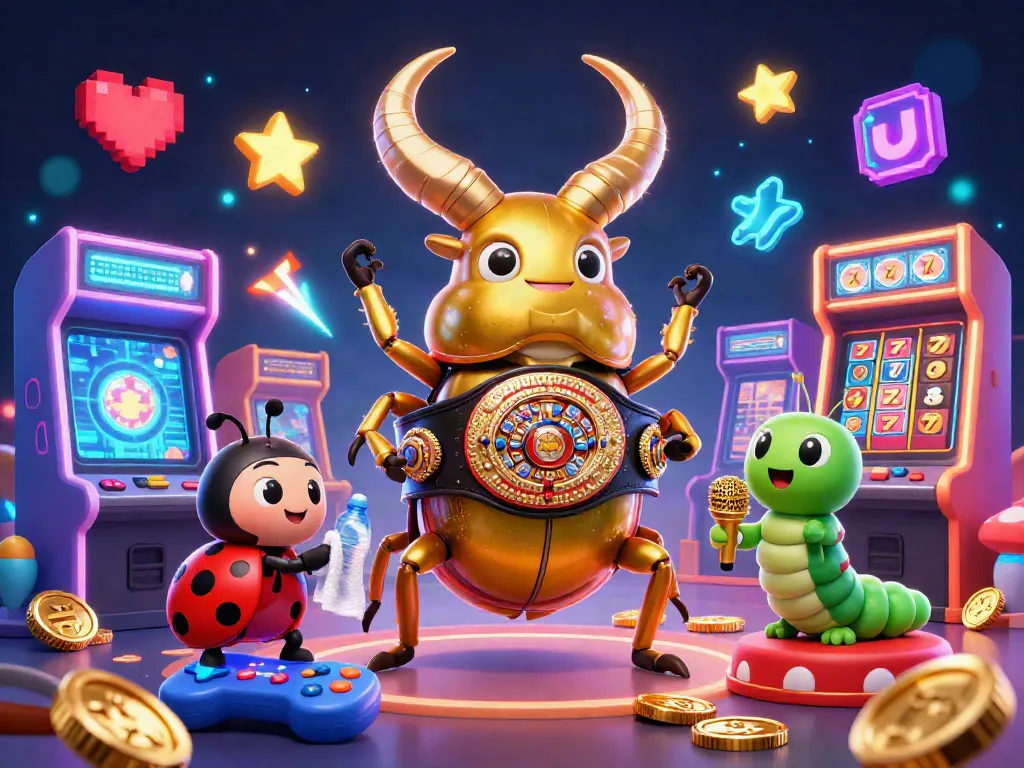 Win at mahjong with this vibrant 3D illustration featuring a giant beetle and game elements.