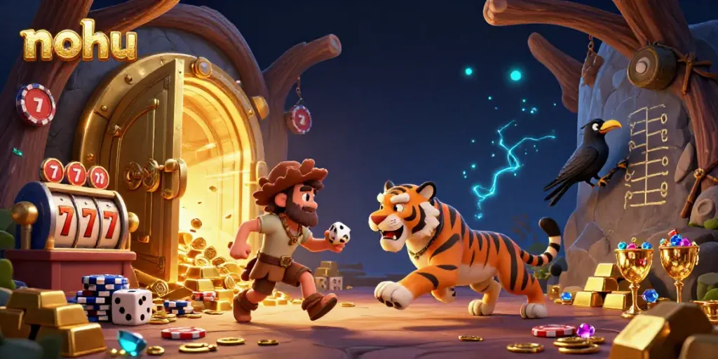 Nohu casino scene with a caveman and sabertooth tiger enjoying dynamic gambling elements