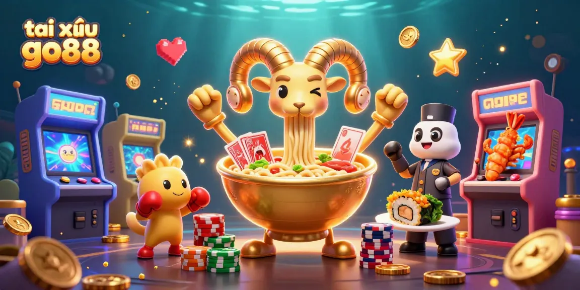 Tài xỉu go88 brings fun with a vibrant 3D casino scene featuring cartoon characters and arcade elements.