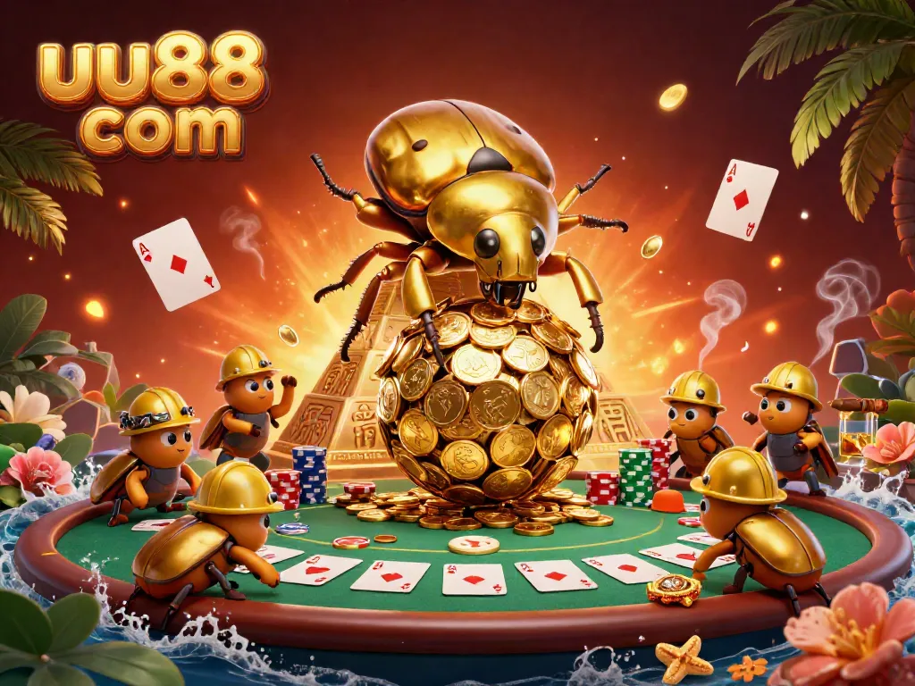 Experience the thrill of uu88 com with a golden beetle rolling coins in a dynamic casino scene.