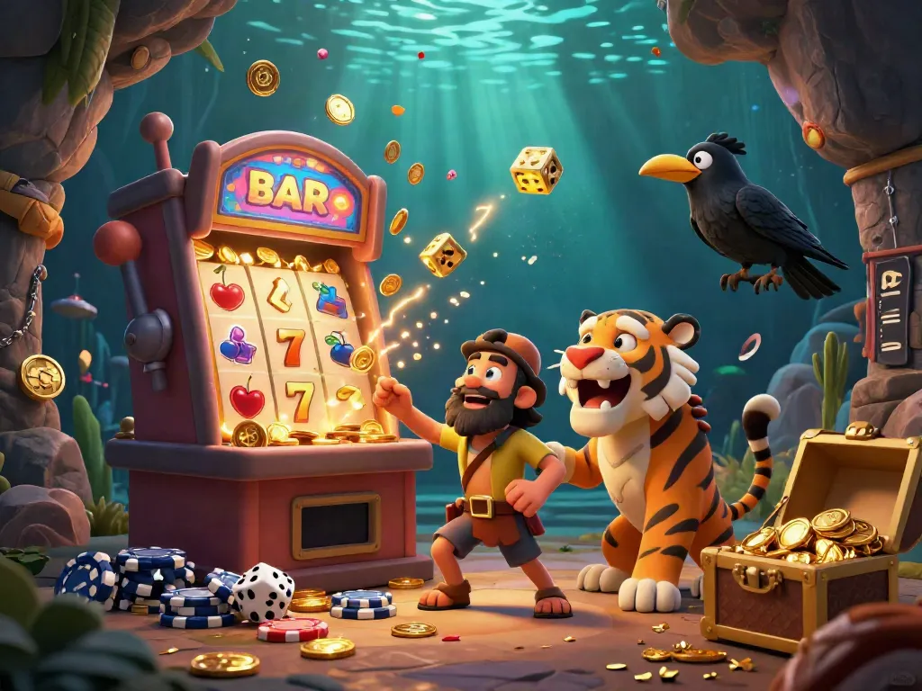 Hitclub casino scene with caveman, sabertooth tiger, and crow in a vibrant prehistoric casino atmosphere.