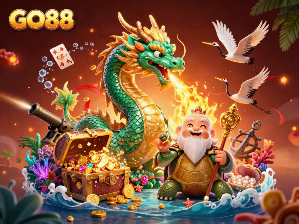 Engage with GO88 in an exciting 3D fantasy scene featuring vibrant characters and underwater treasures.
