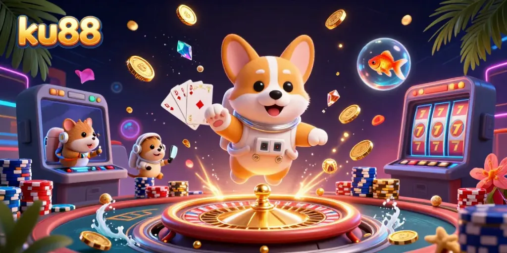 Bet on ku88 at a vibrant casino scene with floating coins and characters engaged in gaming.