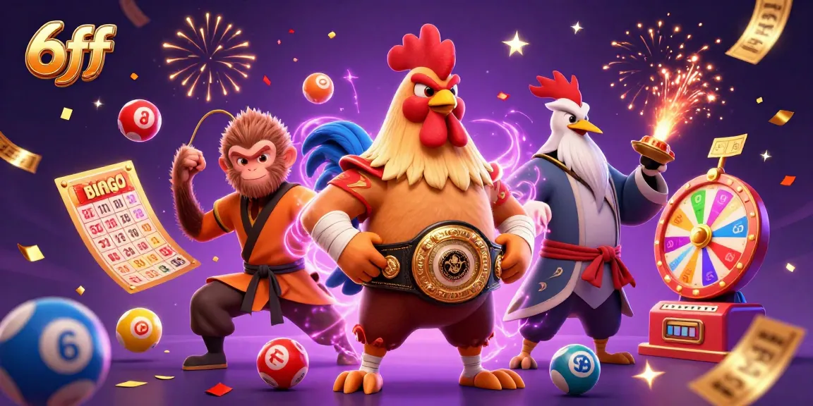 Experience thrills with 6ff as cartoon characters engage with vibrant lottery elements in a lively casino scene.
