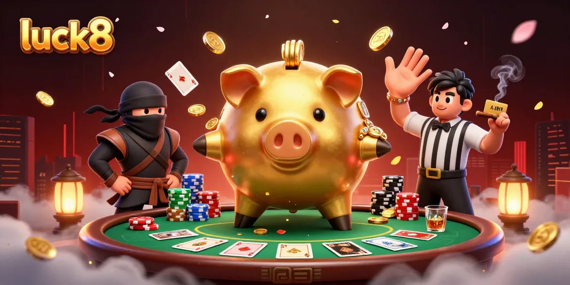Experience excitement with luck8 as a golden piggy bank sumo wrestler and characters clash in a vibrant casino setting.