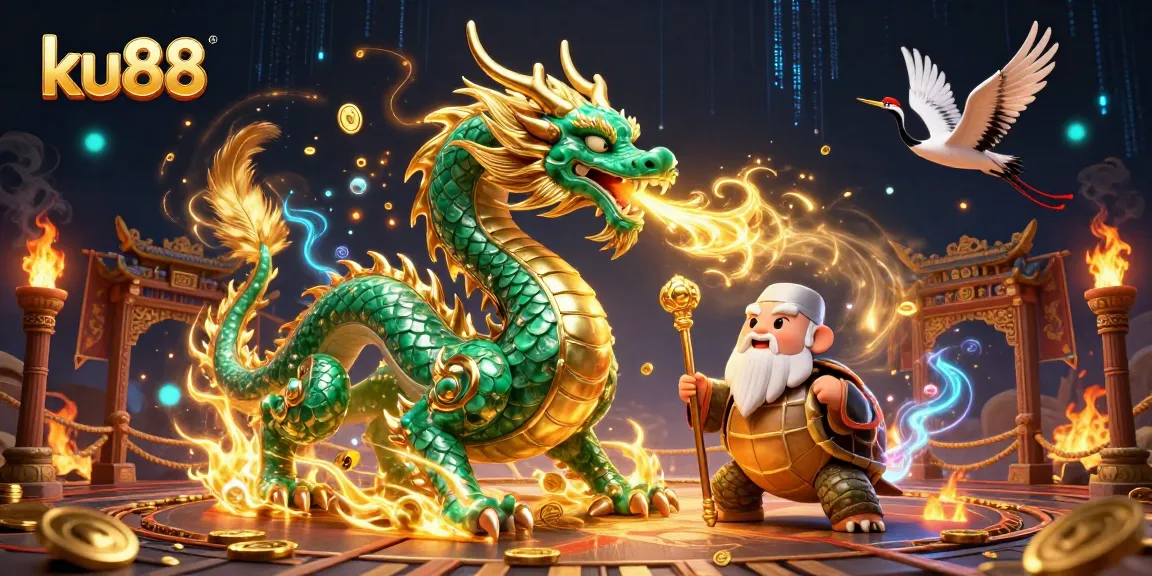 Engage with the vibrant ku88 casino scene showcasing a dragon, turtle sage, and lucky cranes.